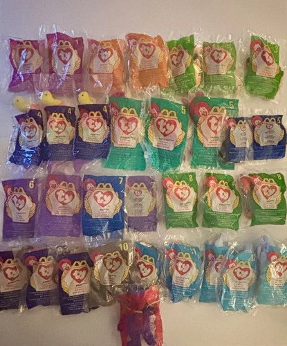 Vintage Sealed Lot Of 32 McDonald’s TY Beanie Babies Including Grimace The Bear