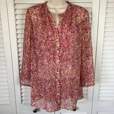 Charter Club Pink Multicolor Ditsy Floral Print Boho Semi-Sheer Blouse L