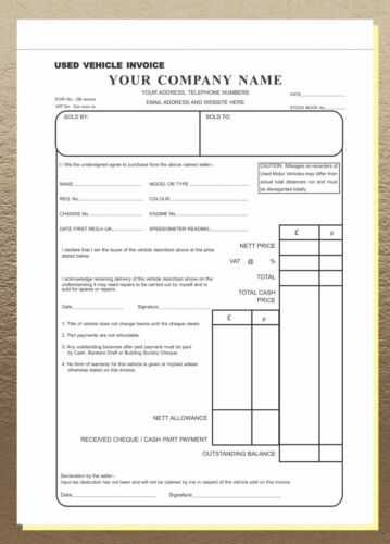 One Invoice Book NUMBERED Used Vehicle Form - A4 50 sets Triplicate NCR COLOUR - Picture 1 of 5