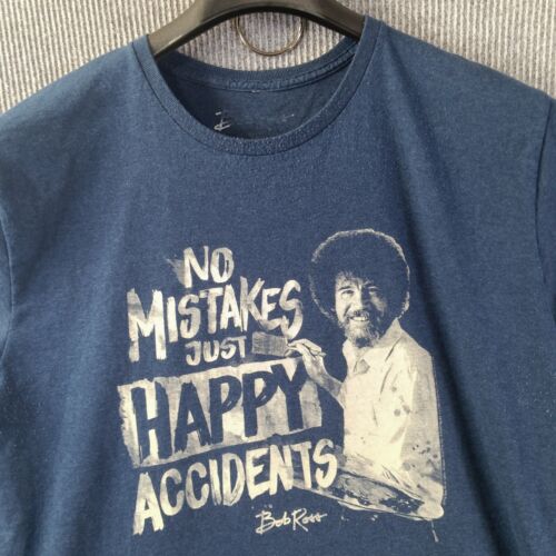 Bob Ross Shirt Mens XL Blue White Graphic No Mistakes Just happy Accidents Text - Picture 2 of 13