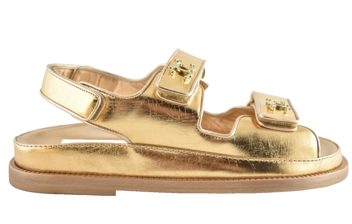 Chanel 22C Golden Gold Laminated CC Logo Mule Slide Strap Flat Dad