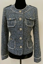 Vintage Cache Womens Multi Pocket Jacket Size 6 Blue Metallic Woven Tweed Blend