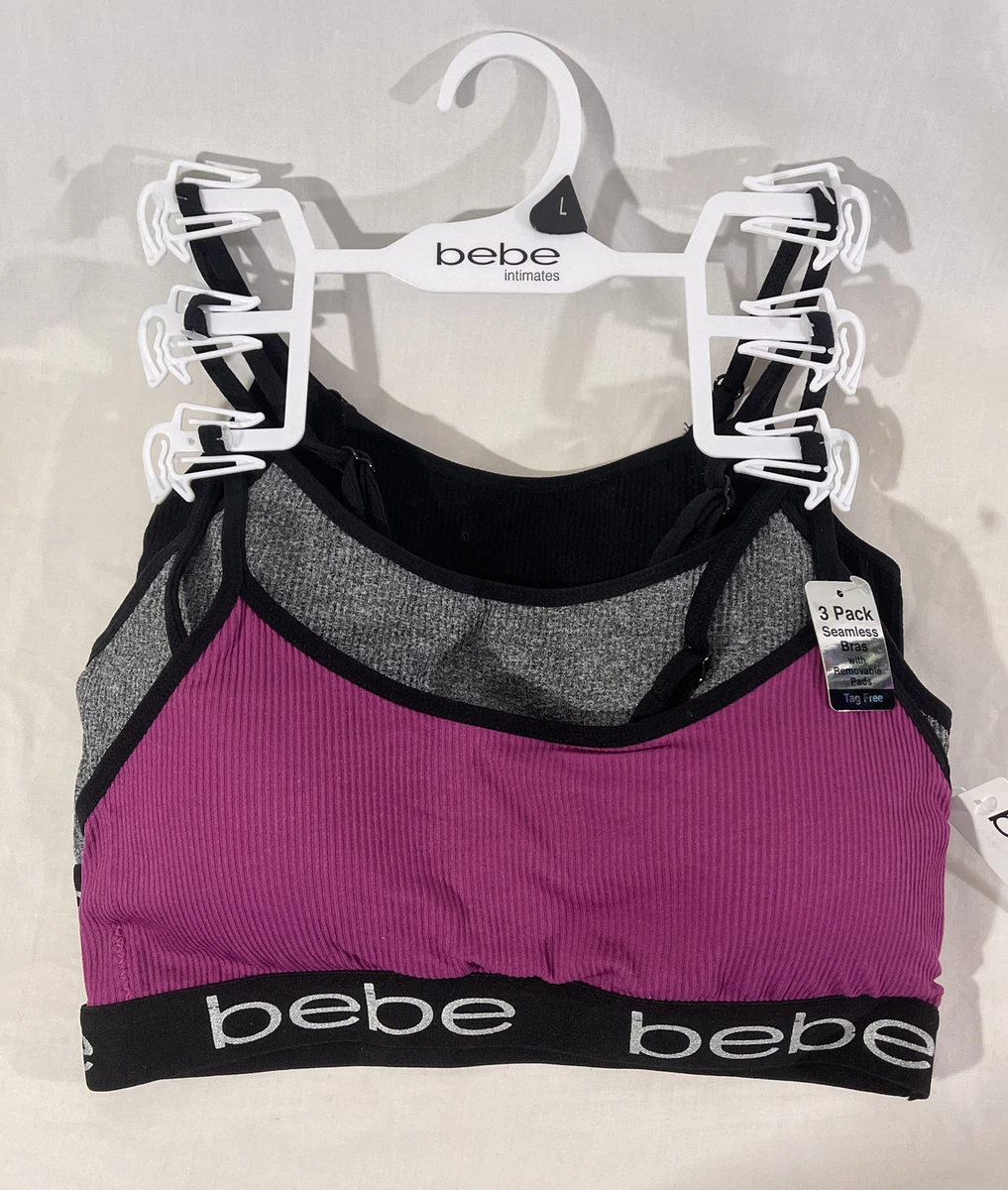 bebe 3 pack sports bra set Nwt Large Purple Gray Black