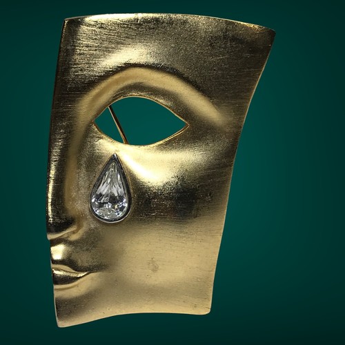Estate Find half face mask with tear drop Brushed Gold Tone brooch
