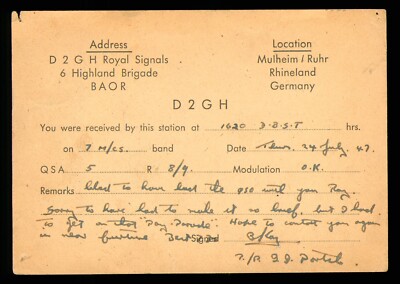 1 x QSL Karte Radio Deutschland D2GH Royal Signals Mulheim 1947   V474