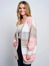 Pink Colorblock Long Sleeve Cardigan Size Extra Large XL Open Front