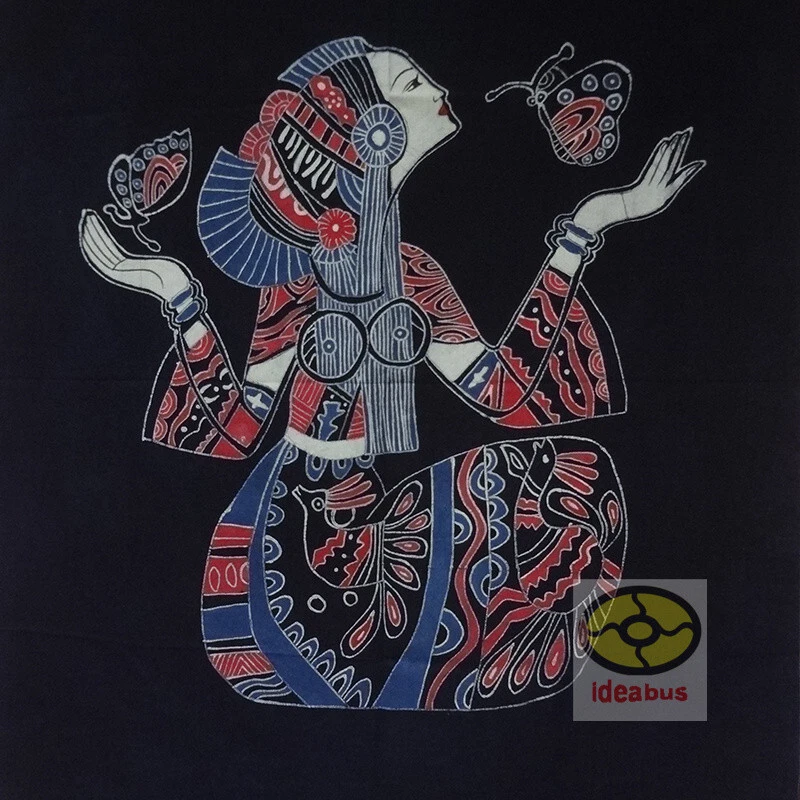 Folk Art Wall Hanging Batik Tapestry Curtain-Emotion of Butterly and Girl 47x34" - Image 2 of 4