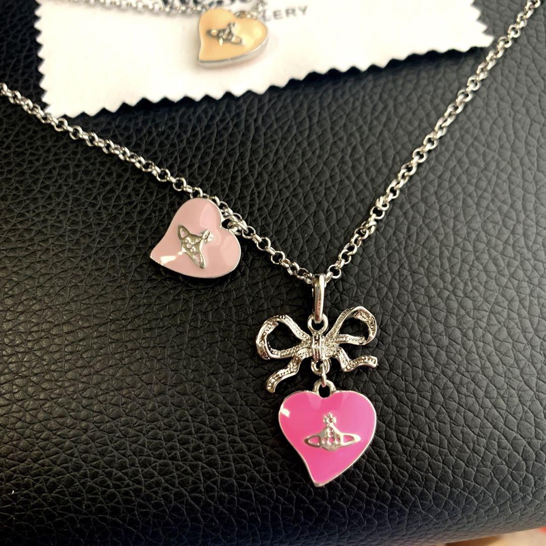 Vivienne Westwood Necklace Long Heart Ribbon Orb Silver Pink Vivienne Westwood Necklace Long Heart Ribbon Orb Silver Pink