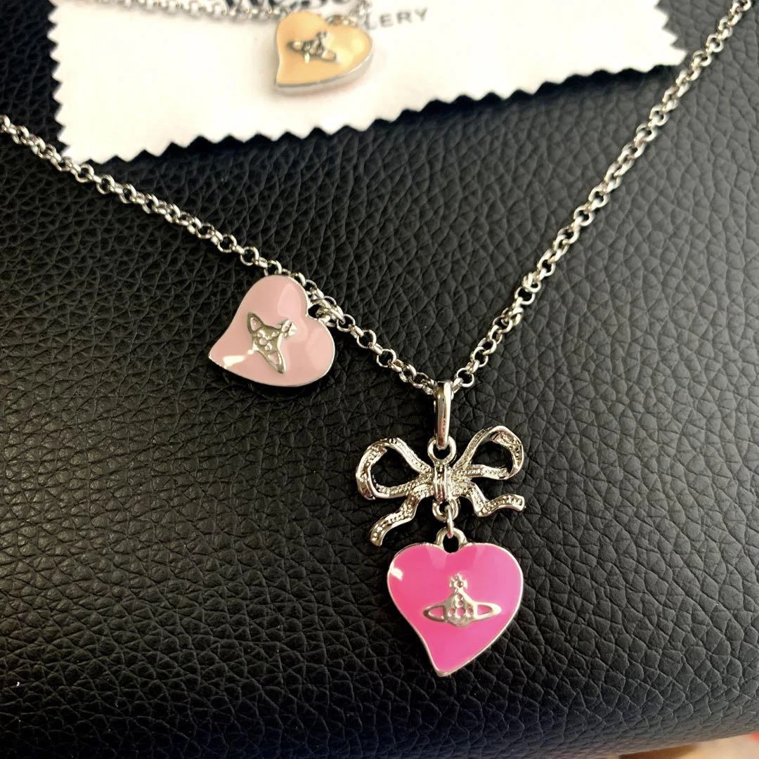 Vivienne Westwood Necklace Long Heart Ribbon Orb Silver Pink Chain