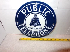 8 3/4 in BELL SYSTEM PUBLIC TELEPHONE ADV. SIGN DIE CUT METAL PORCELAIN  - S 286