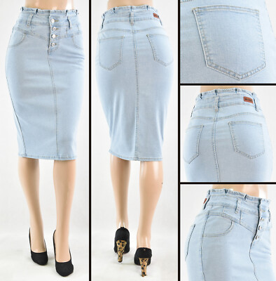 New Women 28'' Midi Pencil Skirt Stretch Denim light wash paper bag W/B #WG-79045