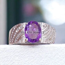 Amethyst Oval Cut Gemstone With 925 Sterling Silver Ring For Men's #A129