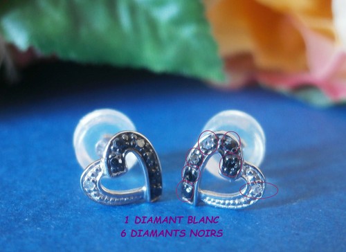 BOUCLES D’OREILLES NEUVES OR 9 CARATS BLANC PUCES CŒUR 375 DIAMANTS NOIRS TRESOR - Imagen 7 de 17