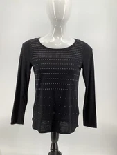 APT. 9 Black Long Sleeve Round Neck Jersey Studded Pullover Blouse Top Shirt PM