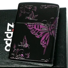 Zippo Oil Lighter Butterfly Ion Black Purple Double Sided Processing Brass Japan