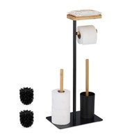 Toilet Roll Holder Bamboo Black WC Set Replacement Brush Heads Standing Steel