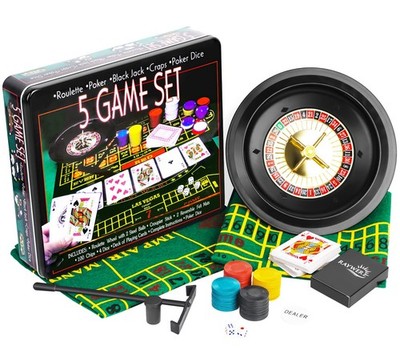5 in 1 Casino Games Set Roulette,Poker, Black Jack, Craps, has Chips,Mats, Di...