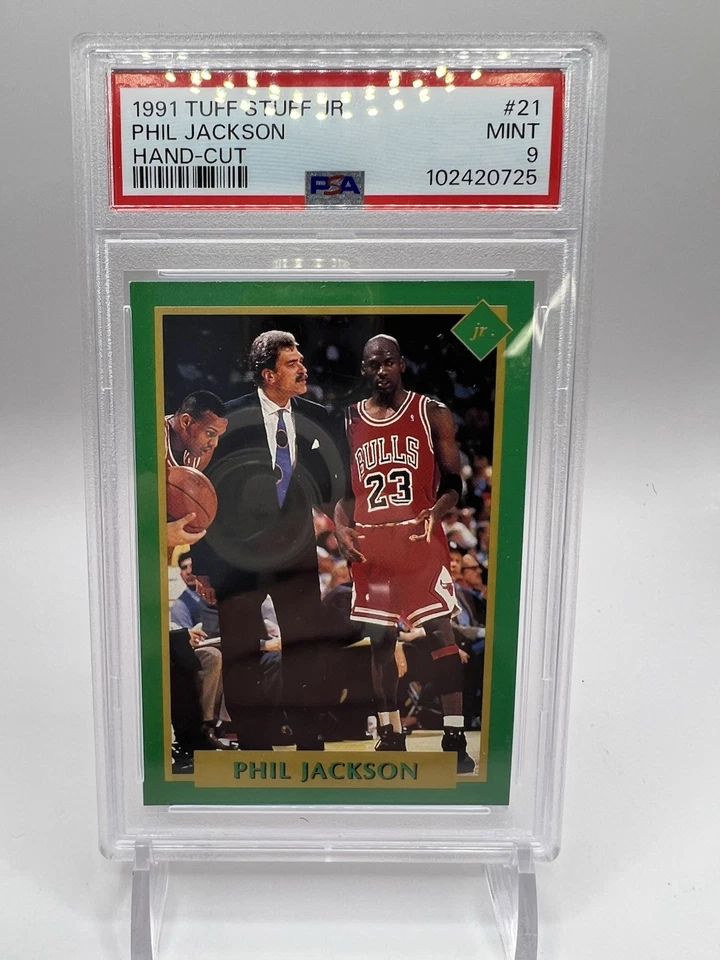 1991 Tuff Stuff Jr. Phil Jackson Michael Jordan #21 cortado a mano graduado PSA 9 como nuevo Foto 3 de 4