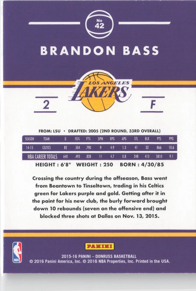 2015-16 Donruss #42 Brandon Bass - Image 2 of 2