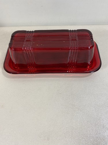 Hazel Atlas Ruby Red Criss Cross Butter Dish - Picture 5 of 10