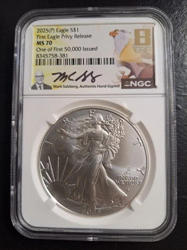 2025(P) SILVER EAGLE PRIVY NGC MS70 FIRST 50K ISSUED MARK SALZBERG SIGNED 8 ERA 