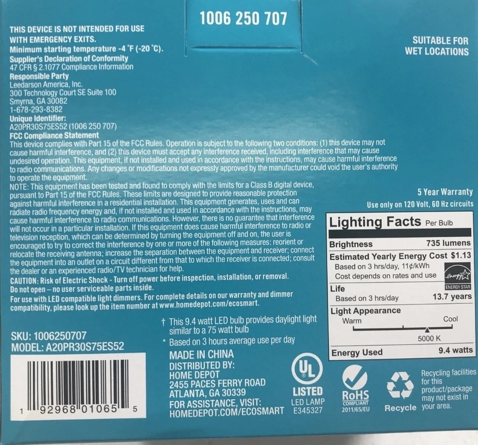 4 EcoSmart Two Packs 9.4W  75W Equivalent Light Bulbs PAR30S Dimmable Flood LED - Image 4 of 4