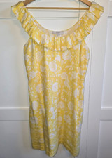 LOFT Women's Yellow Floral Linen Blend Dress Size 10 Ruffle Neck Cottagecore