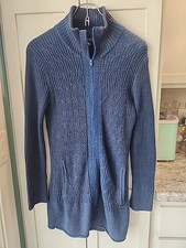 Eddie Bauer Ribbed Knit Double Zip Pockets Long Sweater Navy Blue Women Size S