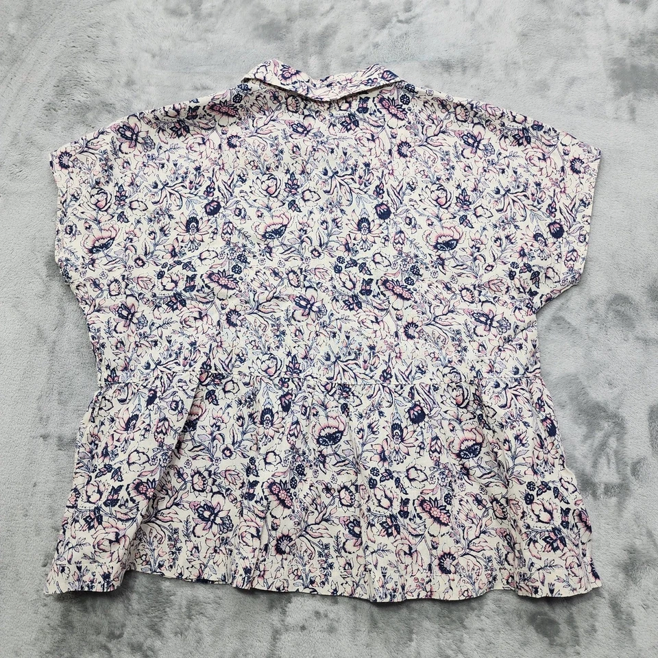 Top Rachel Zoe Mujer L Rosa Azul Floral Lino Volantes Dobladillo Peplum Manga Gorra Foto 2 de 4