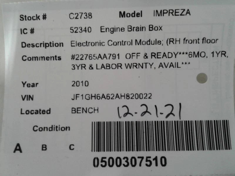 Main Engine Computer ECU ECM PCM Module 2010 Subaru Impreza 2.5L 22765AA791 Foto 4 de 4