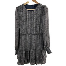 Lulus Dress Medium Tiered Long Sleeved Navy Blue Floral Metallic Thred New