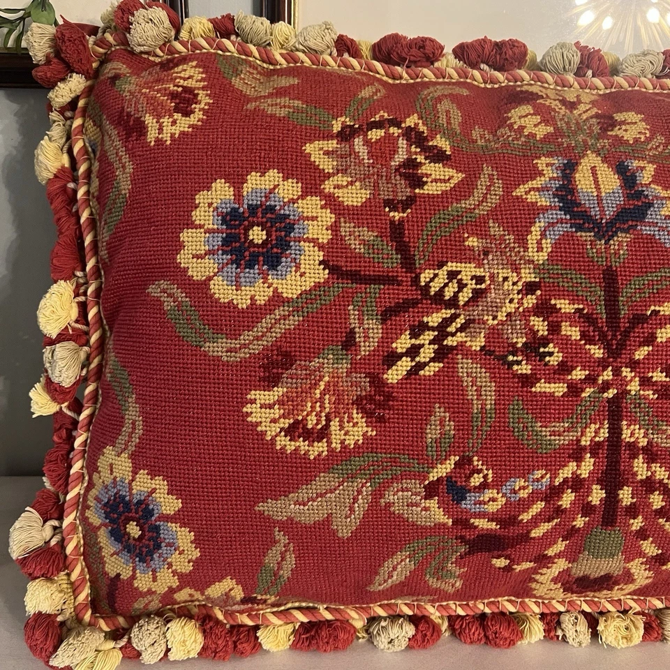 William Morris Old World Red Floral Needlepoint Pillow Wool Embroidery 18" x 28" - Image 3 of 4