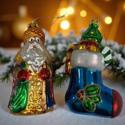 Two Large VTG German? Santa Claus & Stocking Mercury Blown Glass Ornaments!