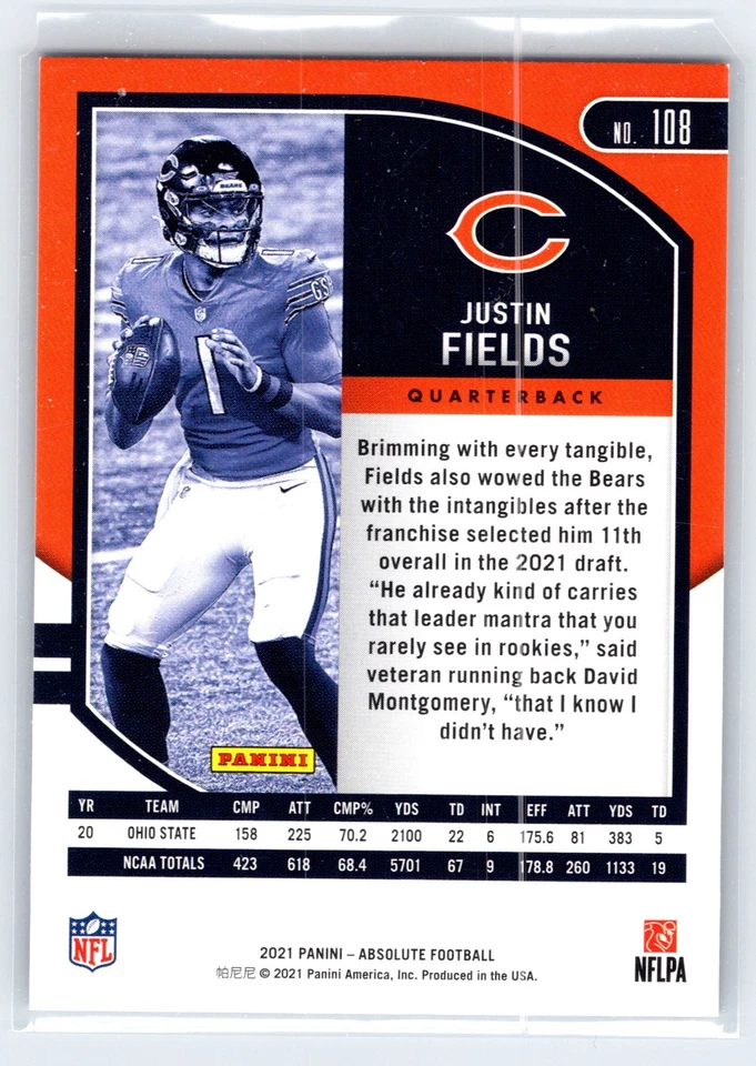 Justin Fields 2021 Panini Absolute Rookie Card Chicago Bears RC #108 - Image 2 of 2
