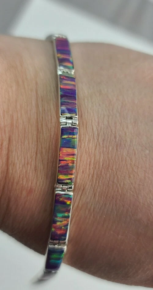 Sterling Silver Fire Opal  7.5" Tennis Chain Bracelet Lilac Pink Golden Hues Foto 3 de 4
