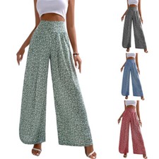 Womens Boho Floral Wide Leg Pants High Waist Loose Trousers Culottes Palazzo US
