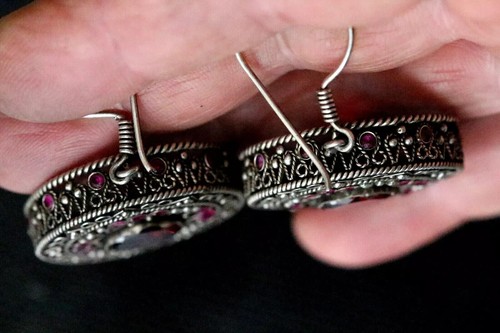 Rare Heavy Sterling Silver Filigree Earrings Ruby - Ethnic Handcrafted Jewelry - Picture 3 of 5