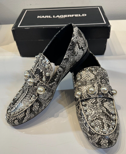 Karl Lagerfeld Paris Avah Gray Python Snake Studded W/ Pearls Loafer, Size 9.5