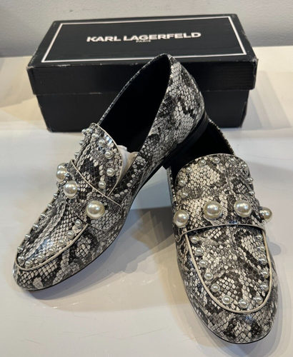 Karl Lagerfeld Paris Avah Gray Python Snake Studded W/ Pearls Loafer, Size 9.5 - Picture 1 of 10