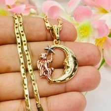 14K Gold Plated Crescent Moon With Angel Pendant & CHAIN 20" Dije luna Y Angel