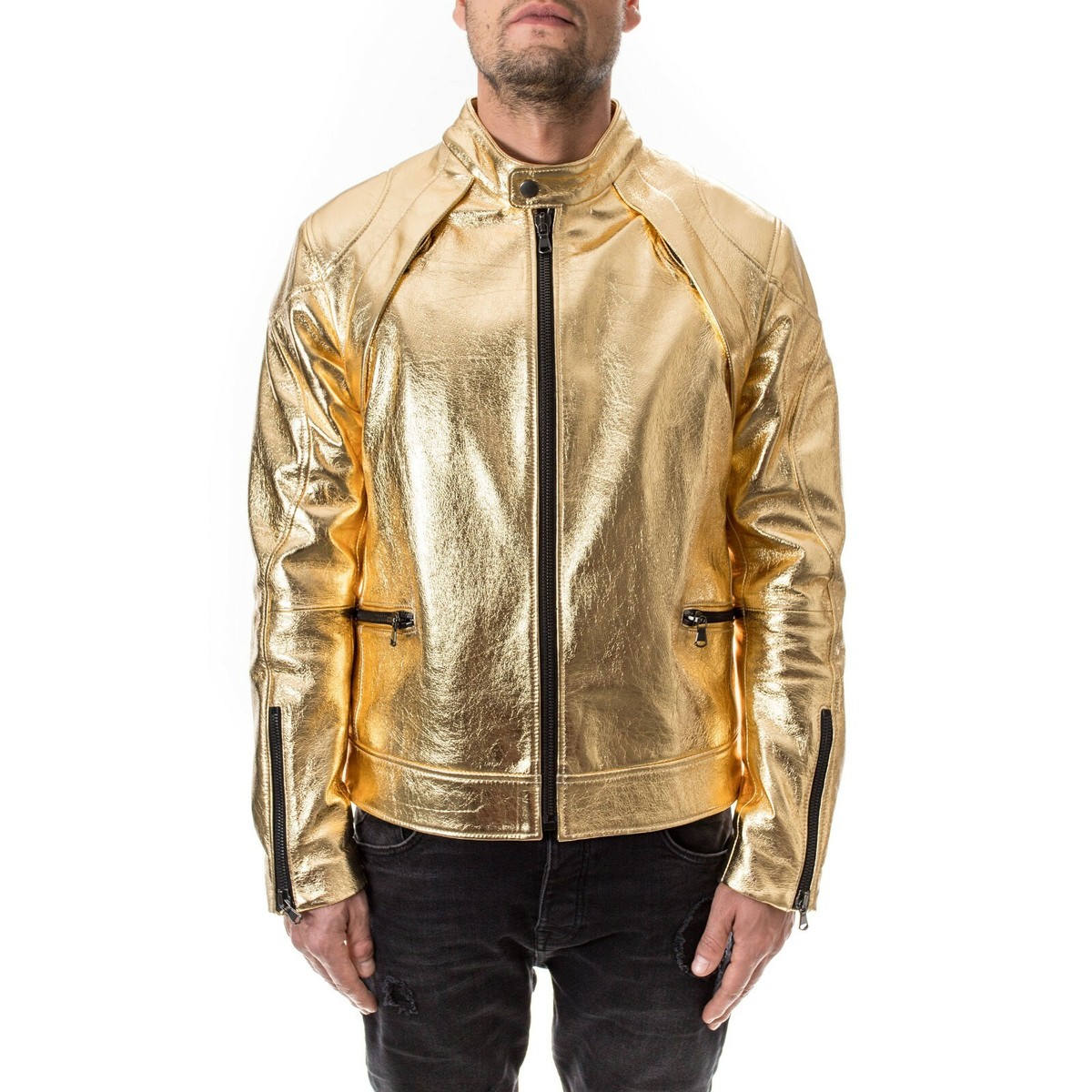 METALLIC GOLD Italian handmade men genuine real leather slim