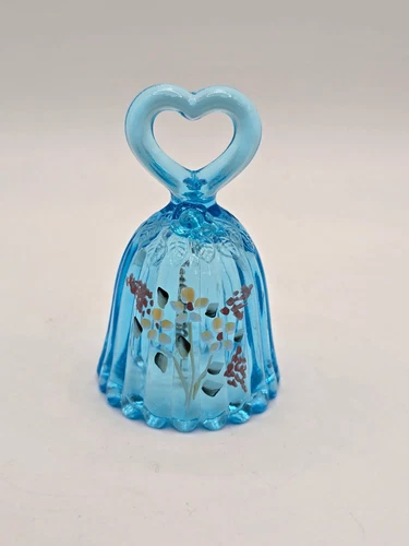Vintage Fenton Blue Glass Heart Bell Hand Painted Florals Signed B. Stanley