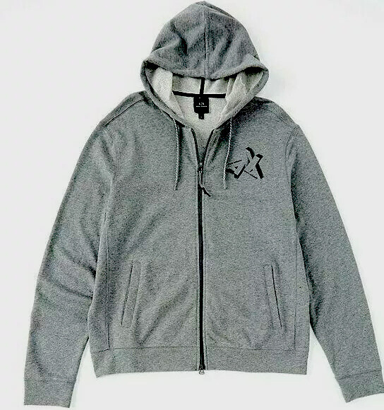 Armani Exchange AX Mens Full Zip Logo Gray Cotton Hooded Jacket Hoodie L eBay