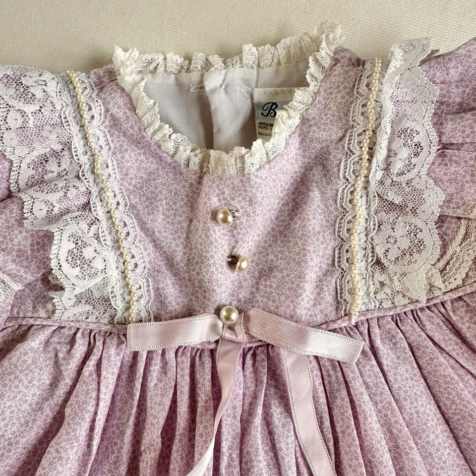 VTG Bryan Dress Girls sz 2T Purple White Ditsy Floral Pearl Trim Collar Hem USA - Image 2 of 4