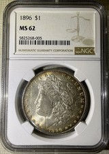 Toned 1896 $1 Morgan Silver Dollar NGC MS62 (005)