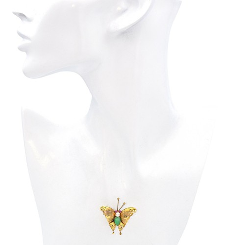 Vintage 14k Yellow Gold Pearl, Jade & Ruby Butterfly Brooch - Picture 3 of 5