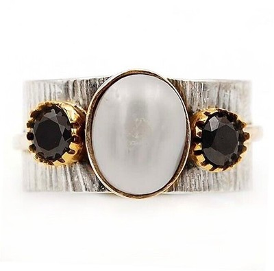 Two Tone Black Tourmaline & Pearl 925 Solid Sterling Silver Ring Sz 7 , 