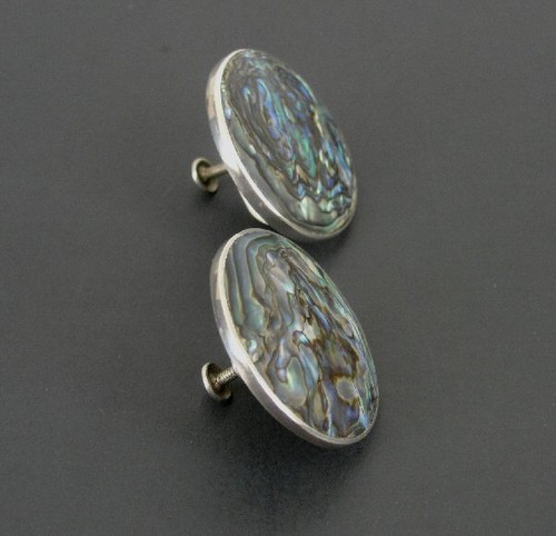 Taxco Earrings Silver Abalone Stones Vintage Round Sterling Silver Screw Back - Picture 2 of 4