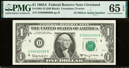 1963A $1 Federal Reserve Note - PMG 66EPQ - 56 Million Serial Number 56000000 - Picture 2 of 3