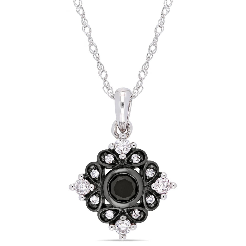 Colgante bohemio Amour de oro blanco de 10k con diamantes blancos y negros de rodio